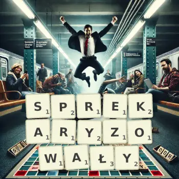 Kreatywna ilustracja do gry w Scrabble ze słowem SPREKARYZOWAŁY ułożonym z płytek na planszy.