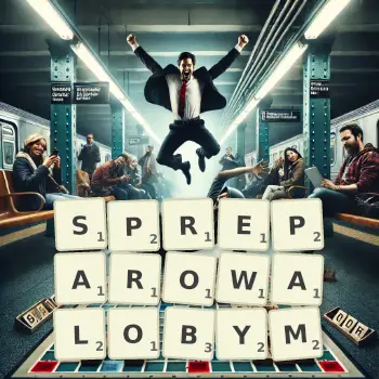 Kreatywna ilustracja do gry w Scrabble ze słowem SPREPAROWALOBYM ułożonym z płytek na planszy.