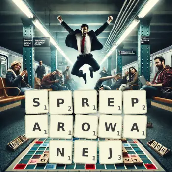 Kreatywna ilustracja do gry w Scrabble ze słowem SPREPAROWANEJ ułożonym z płytek na planszy.