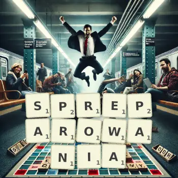 Kreatywna ilustracja do gry w Scrabble ze słowem SPREPAROWANIA ułożonym z płytek na planszy.