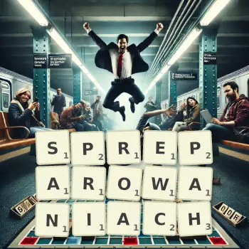 Kreatywna ilustracja do gry w Scrabble ze słowem SPREPAROWANIACH ułożonym z płytek na planszy.