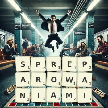 Kreatywna ilustracja do gry w Scrabble ze słowem SPREPAROWANIAMI ułożonym z płytek na planszy.