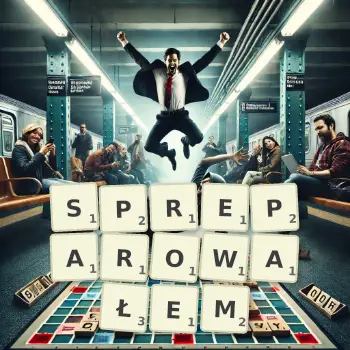 Kreatywna ilustracja do gry w Scrabble ze słowem SPREPAROWAŁEM ułożonym z płytek na planszy.