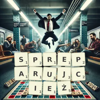 Kreatywna ilustracja do gry w Scrabble ze słowem SPREPARUJCIEŻ ułożonym z płytek na planszy.