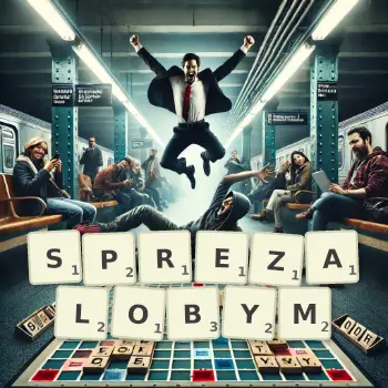 Kreatywna ilustracja do gry w Scrabble ze słowem SPREZALOBYM ułożonym z płytek na planszy.