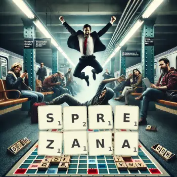 Kreatywna ilustracja do gry w Scrabble ze słowem SPREZANA ułożonym z płytek na planszy.