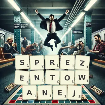 Kreatywna ilustracja do gry w Scrabble ze słowem SPREZENTOWANEJ ułożonym z płytek na planszy.