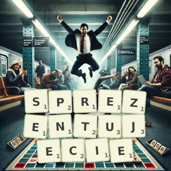 Kreatywna ilustracja do gry w Scrabble ze słowem SPREZENTUJECIE ułożonym z płytek na planszy.