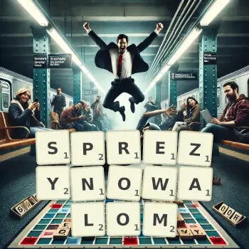 Kreatywna ilustracja do gry w Scrabble ze słowem SPREZYNOWALOM ułożonym z płytek na planszy.