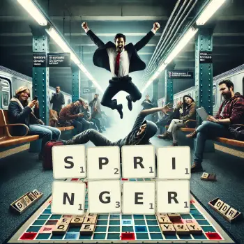 Kreatywna ilustracja do gry w Scrabble ze słowem SPRINGER ułożonym z płytek na planszy.