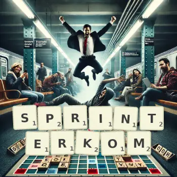 Kreatywna ilustracja do gry w Scrabble ze słowem SPRINTERKOM ułożonym z płytek na planszy.