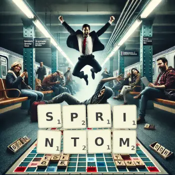 Kreatywna ilustracja do gry w Scrabble ze słowem SPRINTOM ułożonym z płytek na planszy.