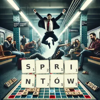 Kreatywna ilustracja do gry w Scrabble ze słowem SPRINTÓW ułożonym z płytek na planszy.