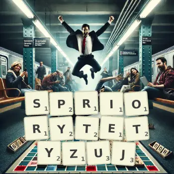 Kreatywna ilustracja do gry w Scrabble ze słowem SPRIORYTETYZUJ ułożonym z płytek na planszy.