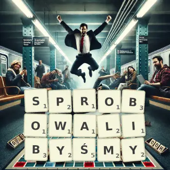 Kreatywna ilustracja do gry w Scrabble ze słowem SPROBOWALIBYŚMY ułożonym z płytek na planszy.