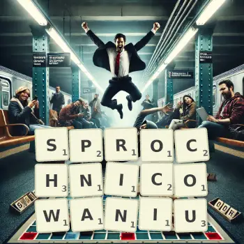 Kreatywna ilustracja do gry w Scrabble ze słowem SPROCHNICOWANIU ułożonym z płytek na planszy.