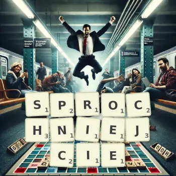 Kreatywna ilustracja do gry w Scrabble ze słowem SPROCHNIEJCIE ułożonym z płytek na planszy.