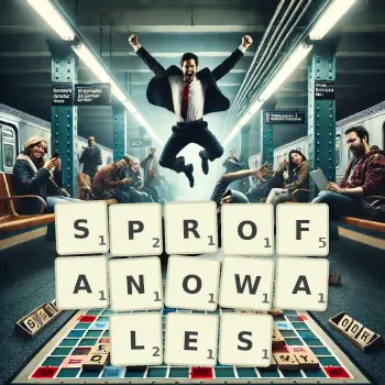 Kreatywna ilustracja do gry w Scrabble ze słowem SPROFANOWALES ułożonym z płytek na planszy.