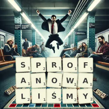 Kreatywna ilustracja do gry w Scrabble ze słowem SPROFANOWALIŚMY ułożonym z płytek na planszy.