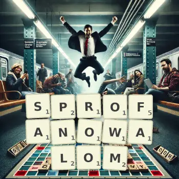 Kreatywna ilustracja do gry w Scrabble ze słowem SPROFANOWALOM ułożonym z płytek na planszy.