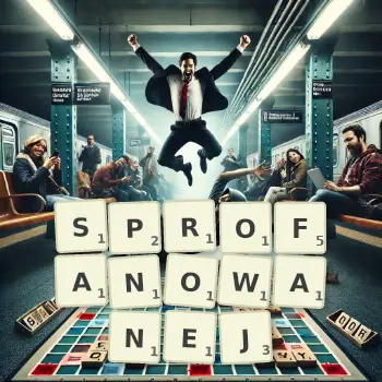 Kreatywna ilustracja do gry w Scrabble ze słowem SPROFANOWANEJ ułożonym z płytek na planszy.