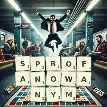 Kreatywna ilustracja do gry w Scrabble ze słowem SPROFANOWANYM ułożonym z płytek na planszy.