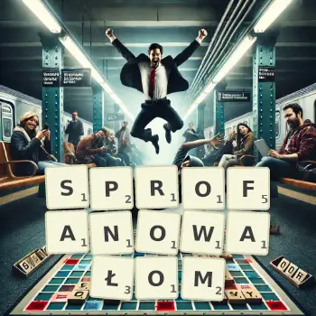 Kreatywna ilustracja do gry w Scrabble ze słowem SPROFANOWAŁOM ułożonym z płytek na planszy.