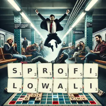 Kreatywna ilustracja do gry w Scrabble ze słowem SPROFILOWALI ułożonym z płytek na planszy.