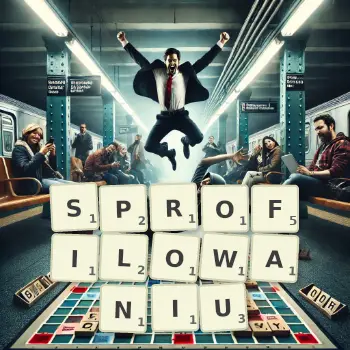 Kreatywna ilustracja do gry w Scrabble ze słowem SPROFILOWANIU ułożonym z płytek na planszy.