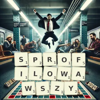 Kreatywna ilustracja do gry w Scrabble ze słowem SPROFILOWAWSZY ułożonym z płytek na planszy.