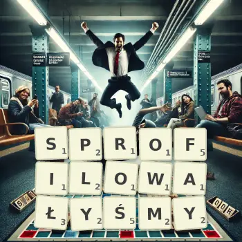 Kreatywna ilustracja do gry w Scrabble ze słowem SPROFILOWAŁYŚMY ułożonym z płytek na planszy.