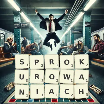 Kreatywna ilustracja do gry w Scrabble ze słowem SPROKUROWANIACH ułożonym z płytek na planszy.