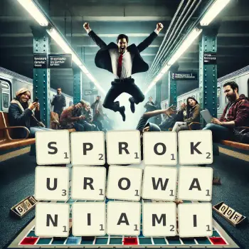 Kreatywna ilustracja do gry w Scrabble ze słowem SPROKUROWANIAMI ułożonym z płytek na planszy.