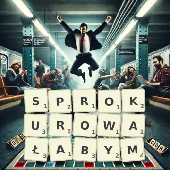 Kreatywna ilustracja do gry w Scrabble ze słowem SPROKUROWAŁABYM ułożonym z płytek na planszy.