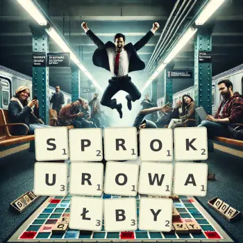 Kreatywna ilustracja do gry w Scrabble ze słowem SPROKUROWAŁBY ułożonym z płytek na planszy.