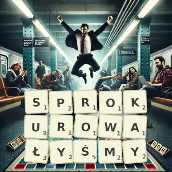 Kreatywna ilustracja do gry w Scrabble ze słowem SPROKUROWAŁYŚMY ułożonym z płytek na planszy.