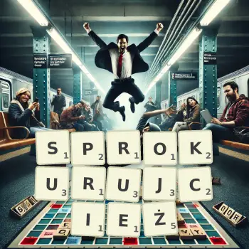 Kreatywna ilustracja do gry w Scrabble ze słowem SPROKURUJCIEŻ ułożonym z płytek na planszy.