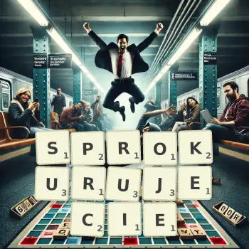 Kreatywna ilustracja do gry w Scrabble ze słowem SPROKURUJECIE ułożonym z płytek na planszy.