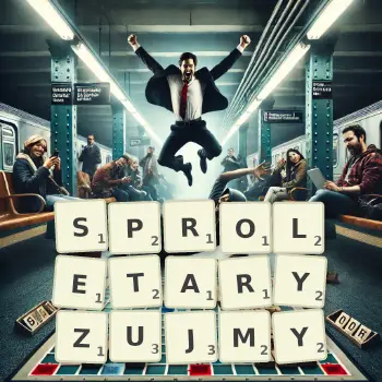 Kreatywna ilustracja do gry w Scrabble ze słowem SPROLETARYZUJMY ułożonym z płytek na planszy.