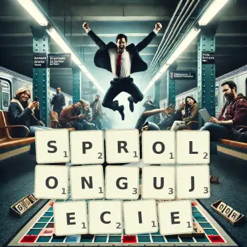 Kreatywna ilustracja do gry w Scrabble ze słowem SPROLONGUJECIE ułożonym z płytek na planszy.