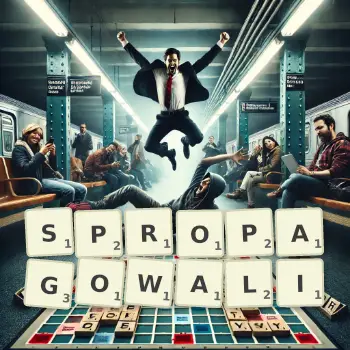 Kreatywna ilustracja do gry w Scrabble ze słowem SPROPAGOWALI ułożonym z płytek na planszy.