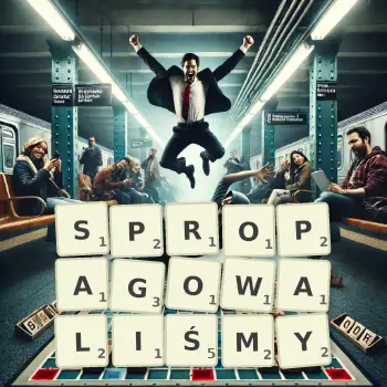Kreatywna ilustracja do gry w Scrabble ze słowem SPROPAGOWALIŚMY ułożonym z płytek na planszy.