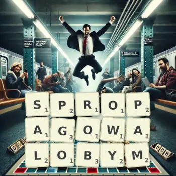 Kreatywna ilustracja do gry w Scrabble ze słowem SPROPAGOWALOBYM ułożonym z płytek na planszy.