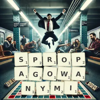 Kreatywna ilustracja do gry w Scrabble ze słowem SPROPAGOWANYMI ułożonym z płytek na planszy.