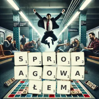 Kreatywna ilustracja do gry w Scrabble ze słowem SPROPAGOWAŁEM ułożonym z płytek na planszy.