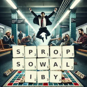 Kreatywna ilustracja do gry w Scrabble ze słowem SPROPSOWALIBY ułożonym z płytek na planszy.