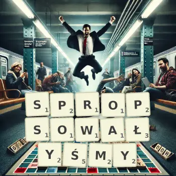 Kreatywna ilustracja do gry w Scrabble ze słowem SPROPSOWAŁYŚMY ułożonym z płytek na planszy.