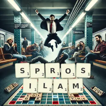 Kreatywna ilustracja do gry w Scrabble ze słowem SPROSILAM ułożonym z płytek na planszy.