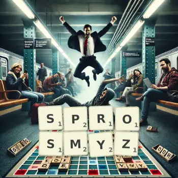 Kreatywna ilustracja do gry w Scrabble ze słowem SPROSMYZ ułożonym z płytek na planszy.