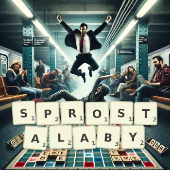 Kreatywna ilustracja do gry w Scrabble ze słowem SPROSTALABY ułożonym z płytek na planszy.